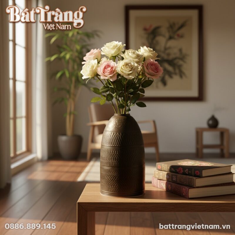 Lọ hoa gốm đất nung đặt trên kệ gỗ tự nhiên cùn...