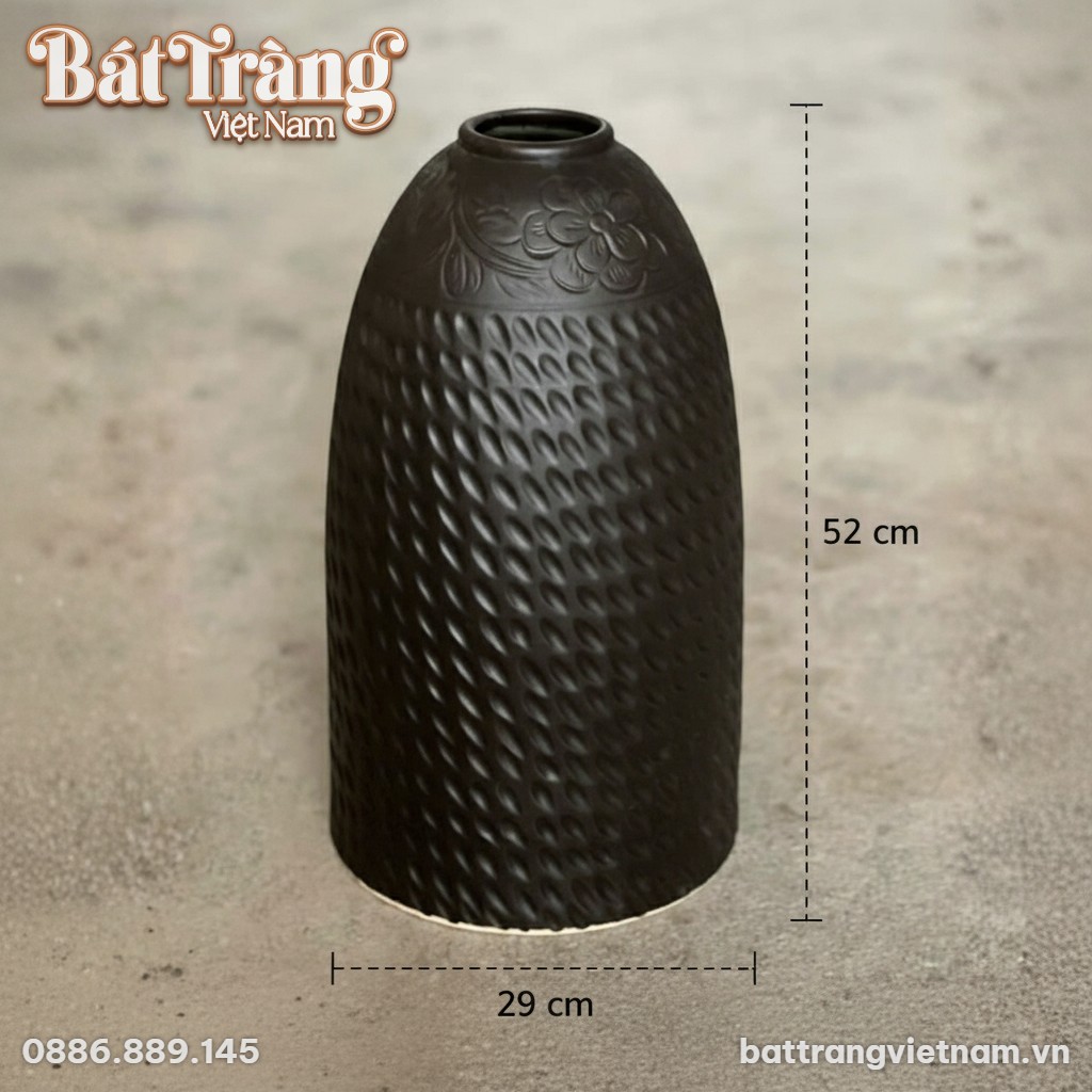 K&iacute;ch thước Lọ hoa men n&acirc;u mộc d&aacute;ng chu&ocirc;ng khắc ch&igrave;m hoa mai v&acirc;n hạt 52cm BT-LH87