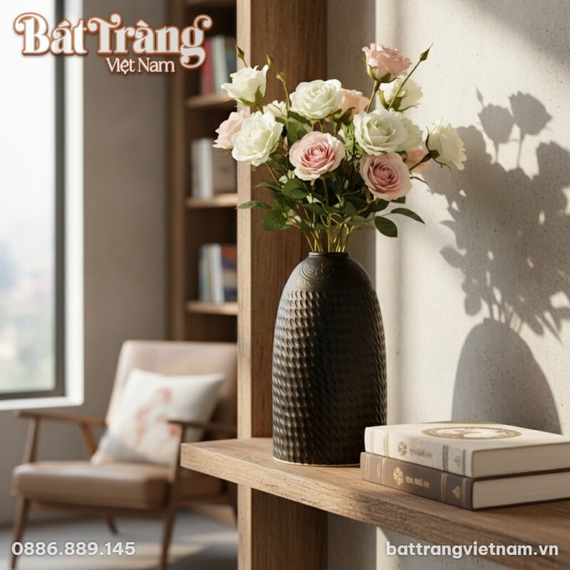 Lọ hoa gốm đất nung cao 52cm đặt trên kệ gỗ tự ...