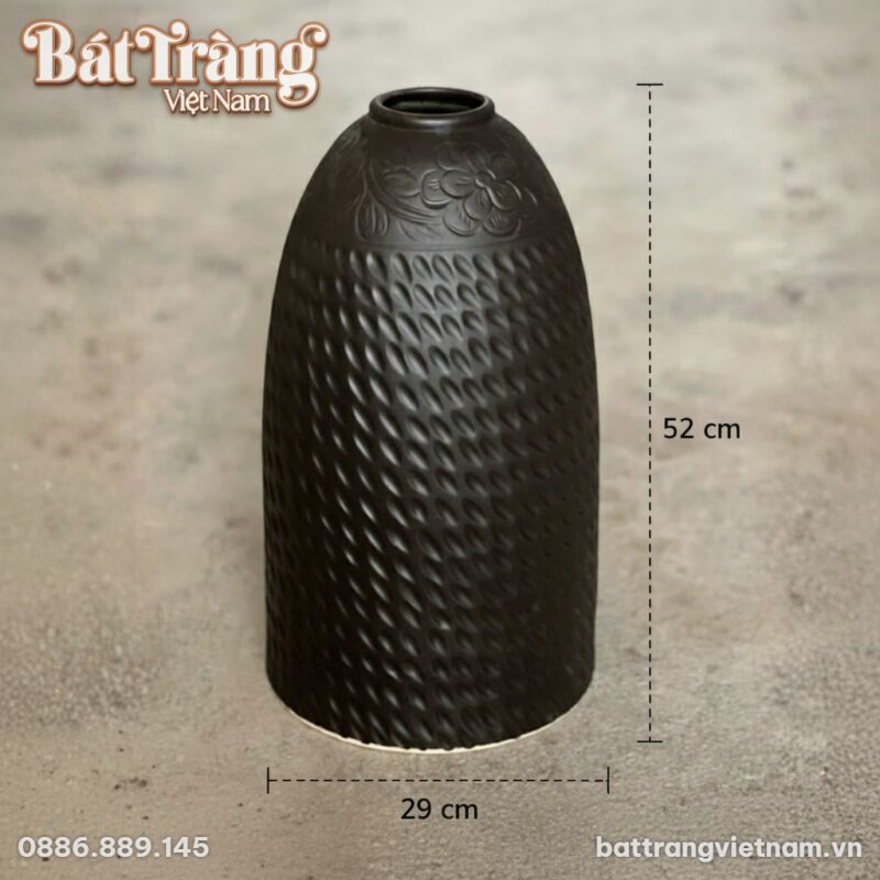 Kích thước Lọ hoa men nâu mộc dáng chuông khắc chìm hoa mai vân hạt 52cm BT-LH87