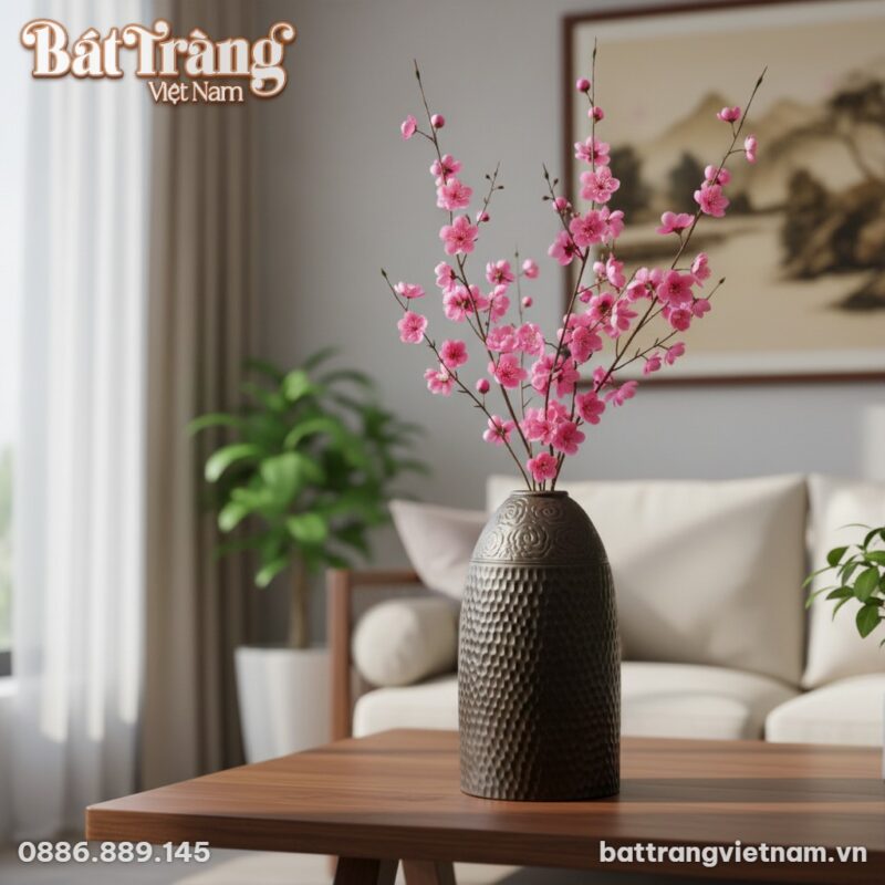 Lọ hoa gốm Bát Tràng nâu mộc 52cm trên sàn gỗ p... Lọ hoa gốm Bát Tràng nâu mộc 52cm trên sàn gỗ p...