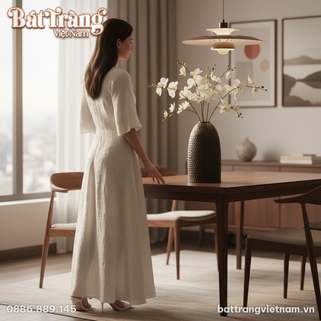 Góc bàn ăn trong căn hộ Việt Nam hiện đại, lọ h...