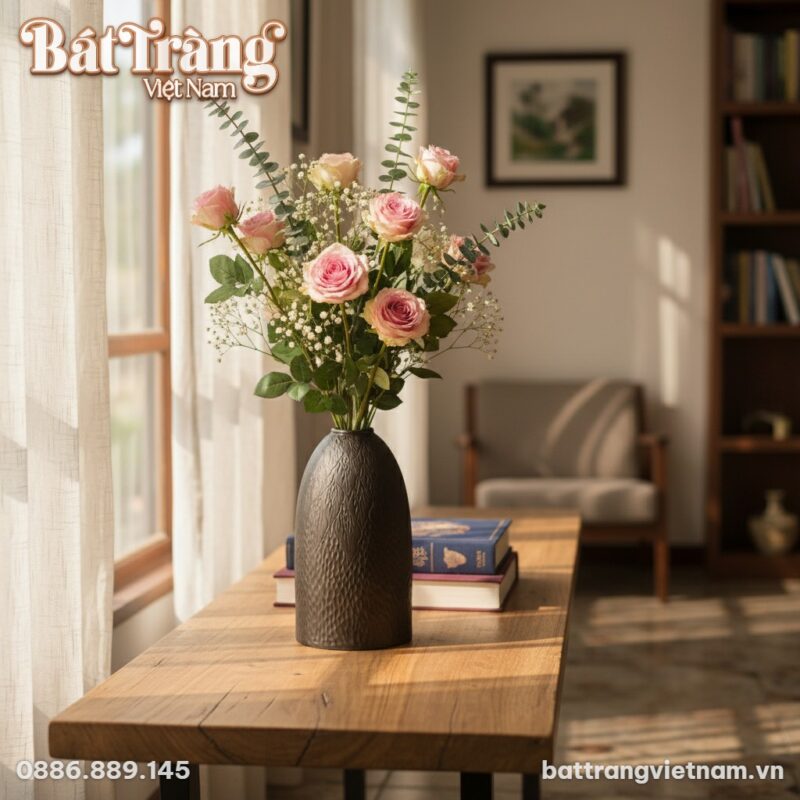 Kích thước Lọ hoa men nâu mộc dáng chuông khắc dương liễu vân tổ ong BT-LH90