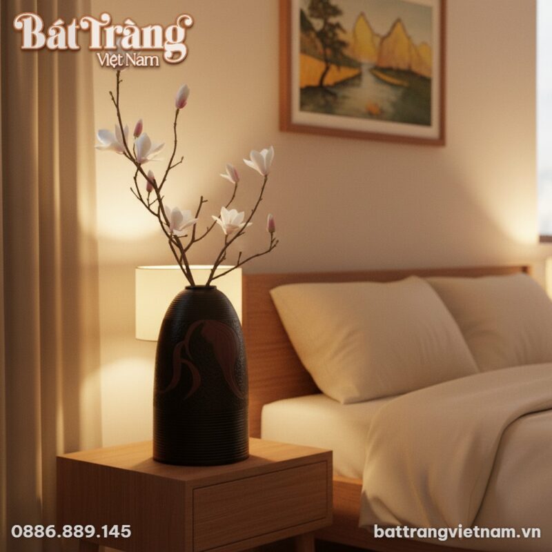 Lọ hoa đặt trên tủ đầu giường thấp trong phòng ...