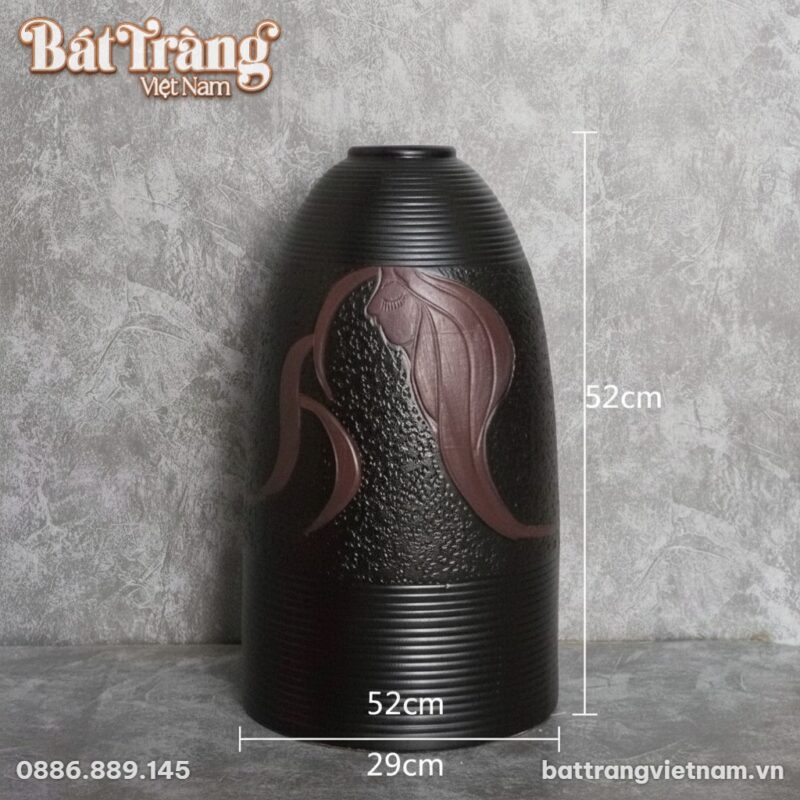 Kích thước Lọ hoa men nâu mộc khắc chìm thiếu nữ tóc mây dáng chuông BT-LH91