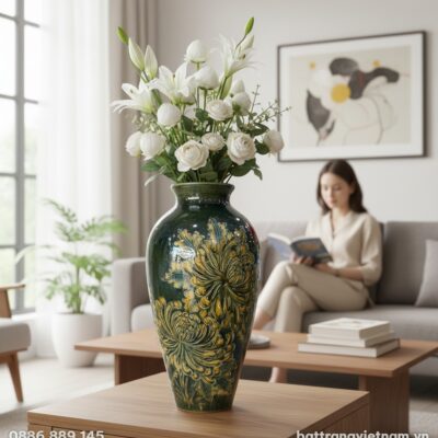 Lọ hoa gốm Bát Tràng đùi dế 43cm có cắm hoa trê...