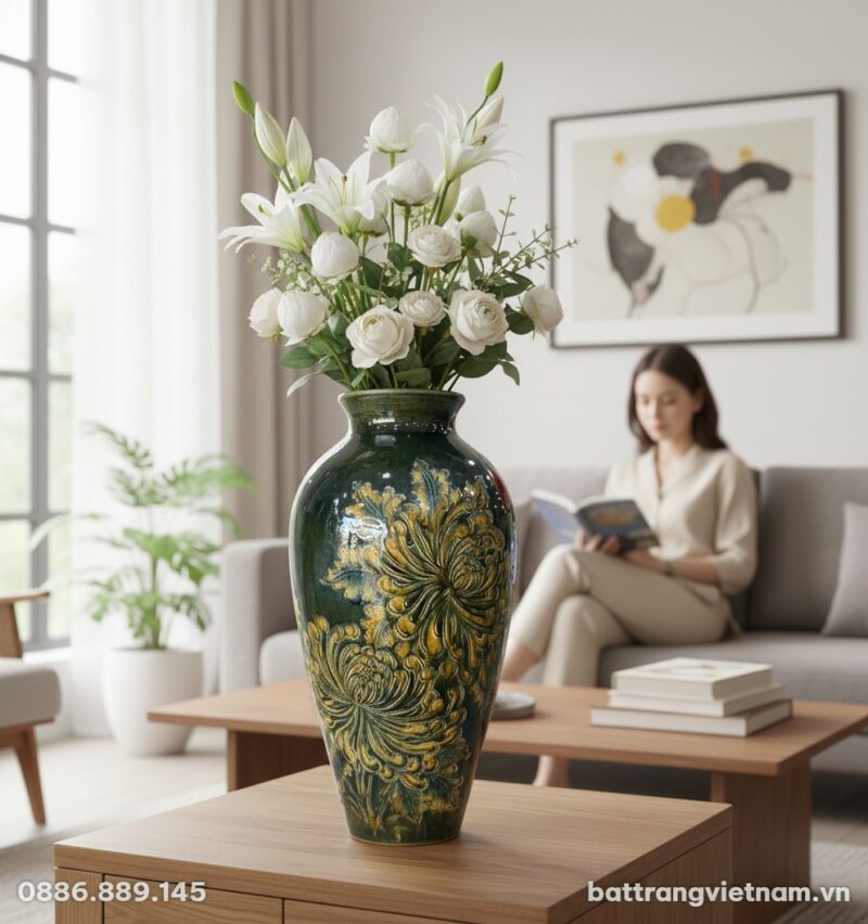 Lọ hoa gốm Bát Tràng đùi dế 43cm có cắm hoa trê... Lọ hoa gốm Bát Tràng đùi dế 43cm có cắm hoa trê...