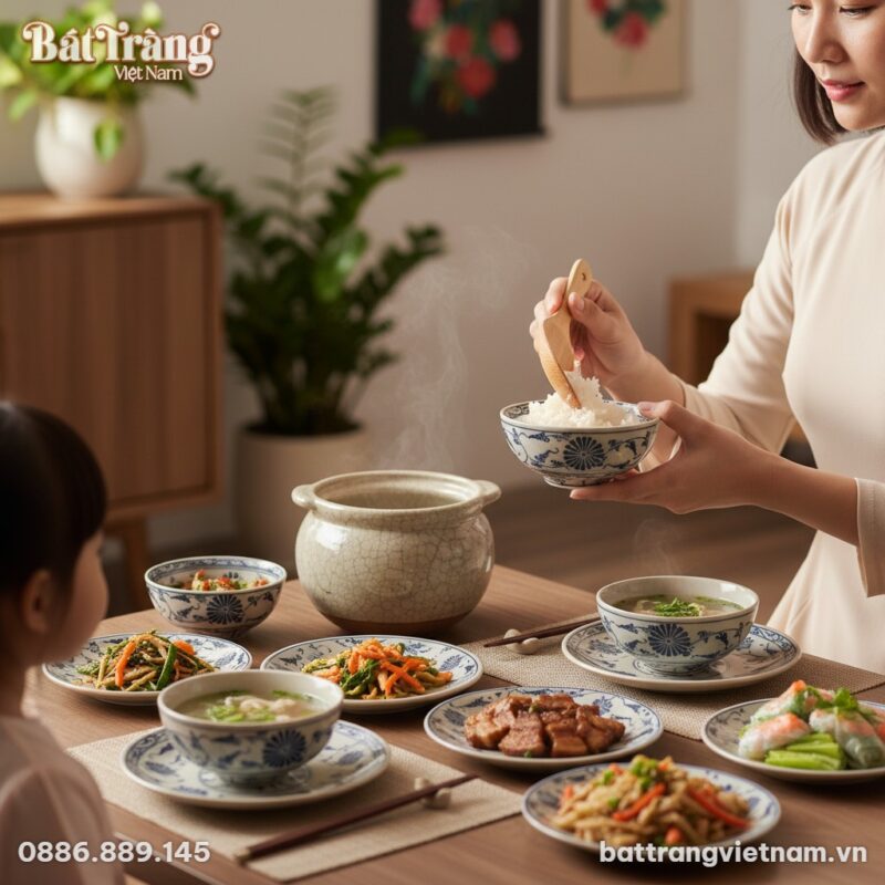 1 người mẹ đang cầm chiếc bát cơm men rạn hoa c... 1 người mẹ đang cầm chiếc bát cơm men rạn hoa c...