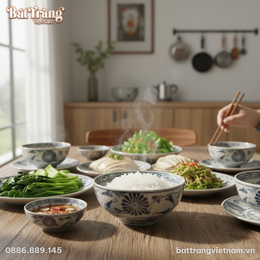 Một chiếc bát cơm men rạn hoa cúc đen Bát Tràng...