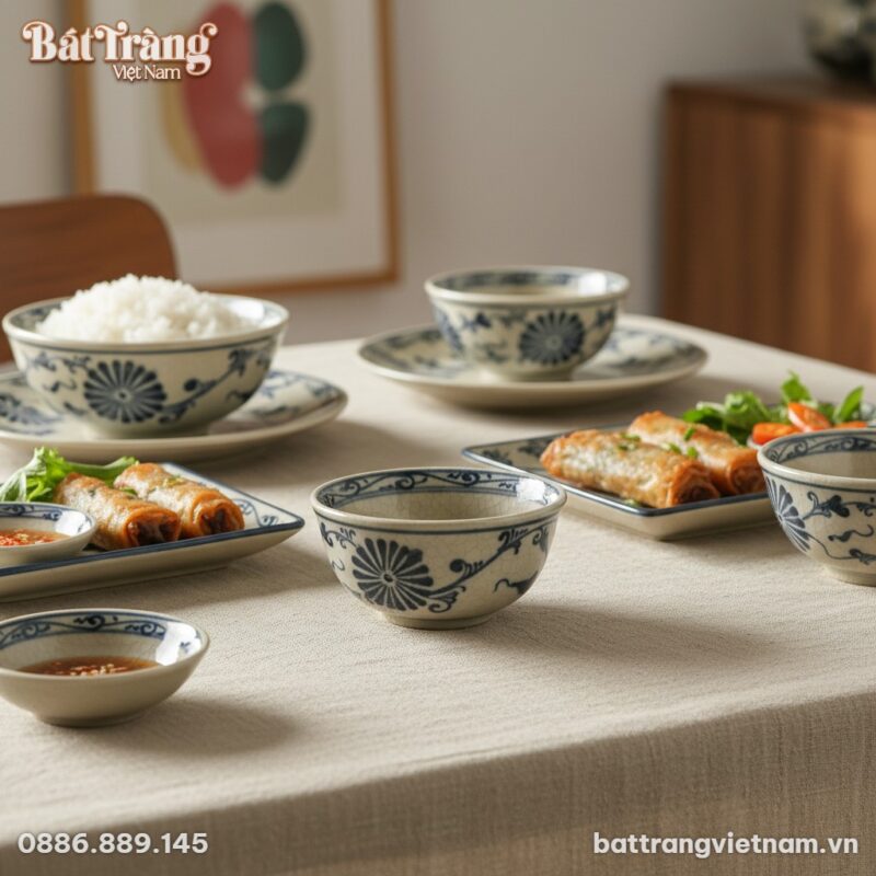 Cận cảnh chiếc bát sứ hoa cúc vẽ tay, đặt trên ... Cận cảnh chiếc bát sứ hoa cúc vẽ tay, đặt trên ...