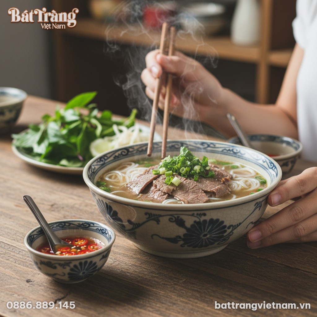 Chiếc bát sứ men rạn hoa cúc đặt trên bàn trà g...