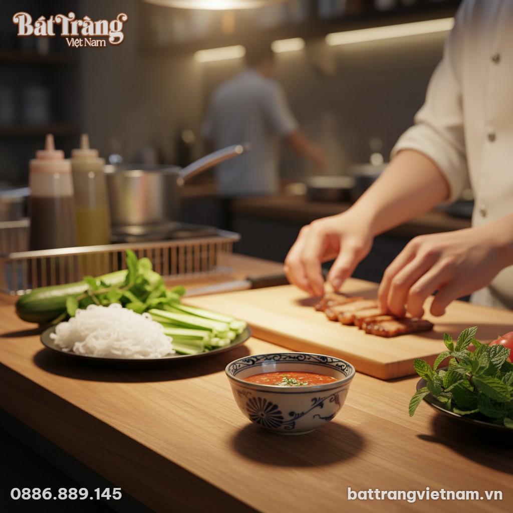 Trên bàn bếp gỗ của một nhà hàng Việt phong các...