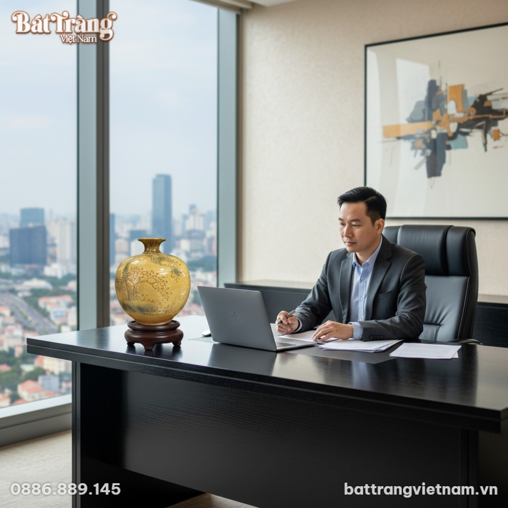 Một b&igrave;nh h&uacute;t lộc B&aacute;t Tr&agrave;ng men rạn v&agrave;ng kem cao...