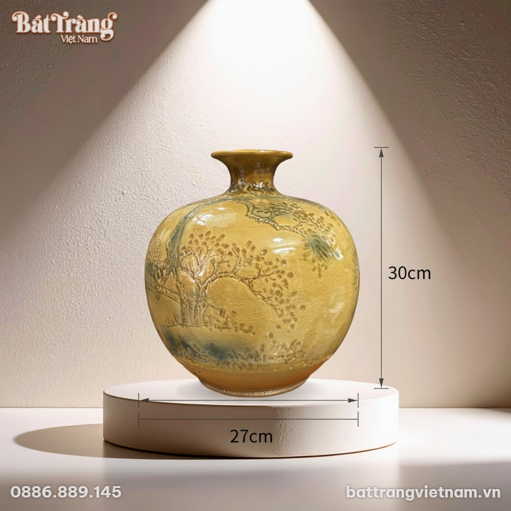 K&iacute;ch thước B&igrave;nh h&uacute;t lộc men ho&agrave;ng thổ khắc nổi c&acirc;y cối BT-LHS31