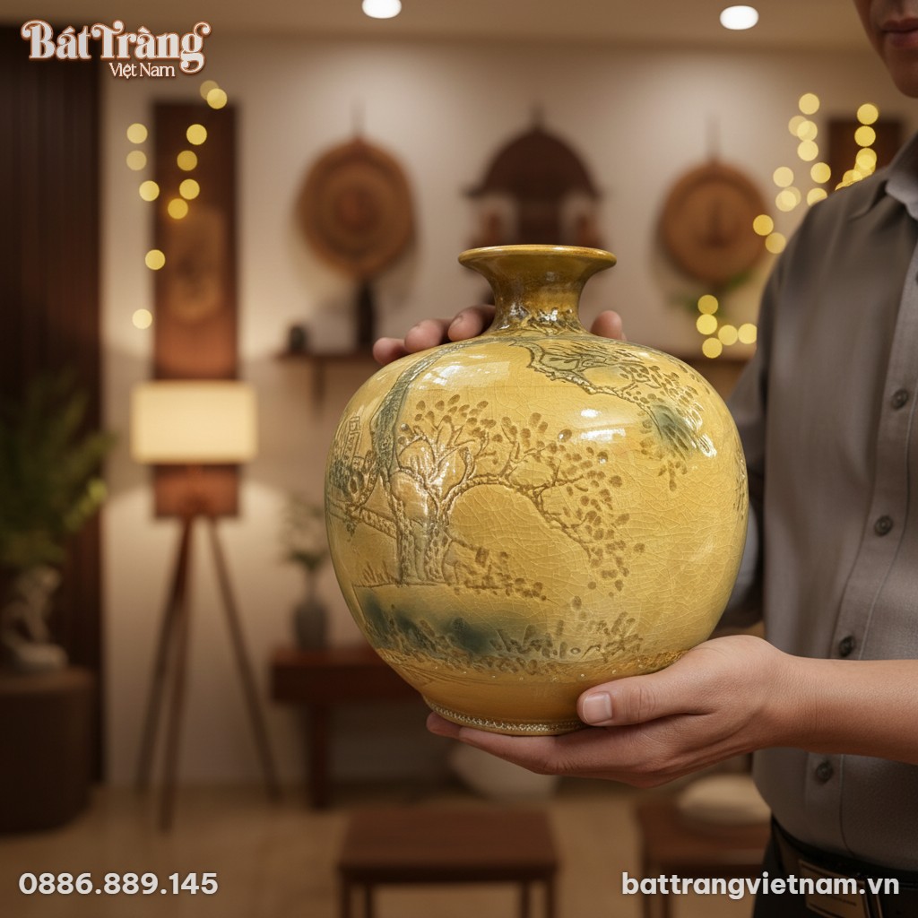 Cận cảnh b&igrave;nh h&uacute;t lộc B&aacute;t Tr&agrave;ng men rạn v&agrave;ng ke...