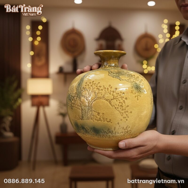 Cận cảnh bình hút lộc Bát Tràng men rạn vàng ke...