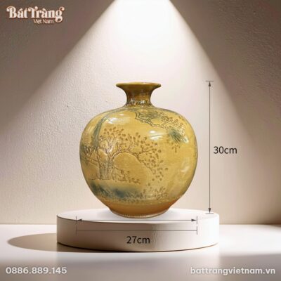 Kích thước Bình hút lộc men hoàng thổ khắc nổi cây cối BT-LHS31