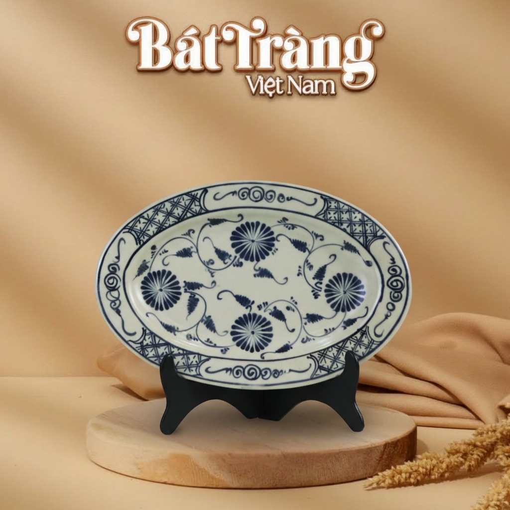 Đĩa bầu dục men rạn hoạ tiết hoa cúc đen BT-BD73