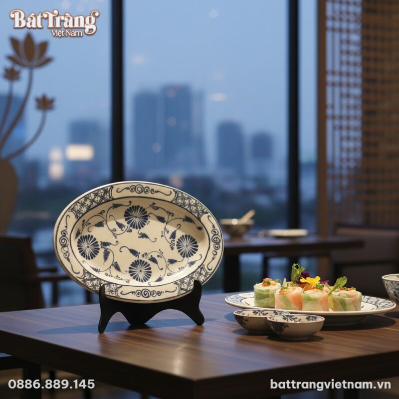 Cận cảnh đĩa bầu dục gốm Bát Tràng men rạn họa ... Cận cảnh đĩa bầu dục gốm Bát Tràng men rạn họa ...