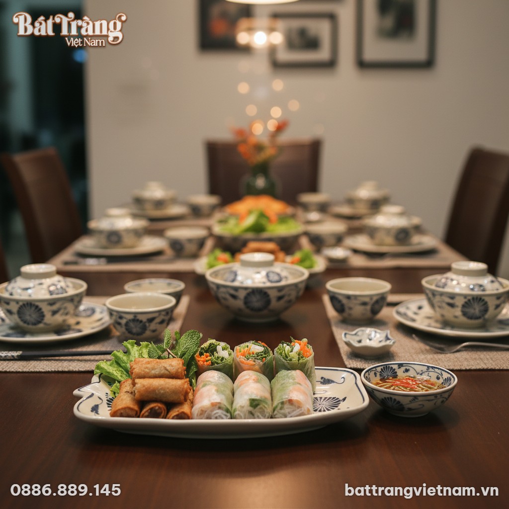 - Đặt sản phẩm lên bàn và có đồ ăn bày trí trên đĩa