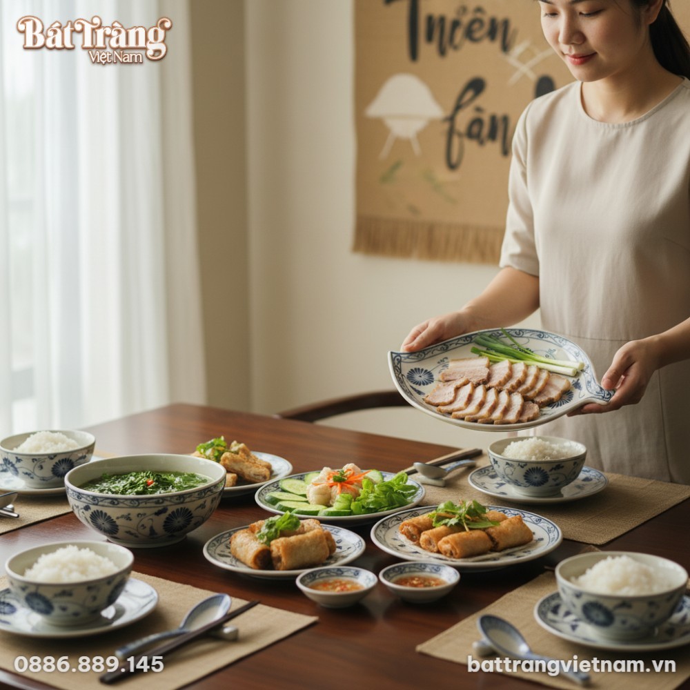 Đĩa lá gốm Bát Tràng họa tiết hoa cúc men lam v...