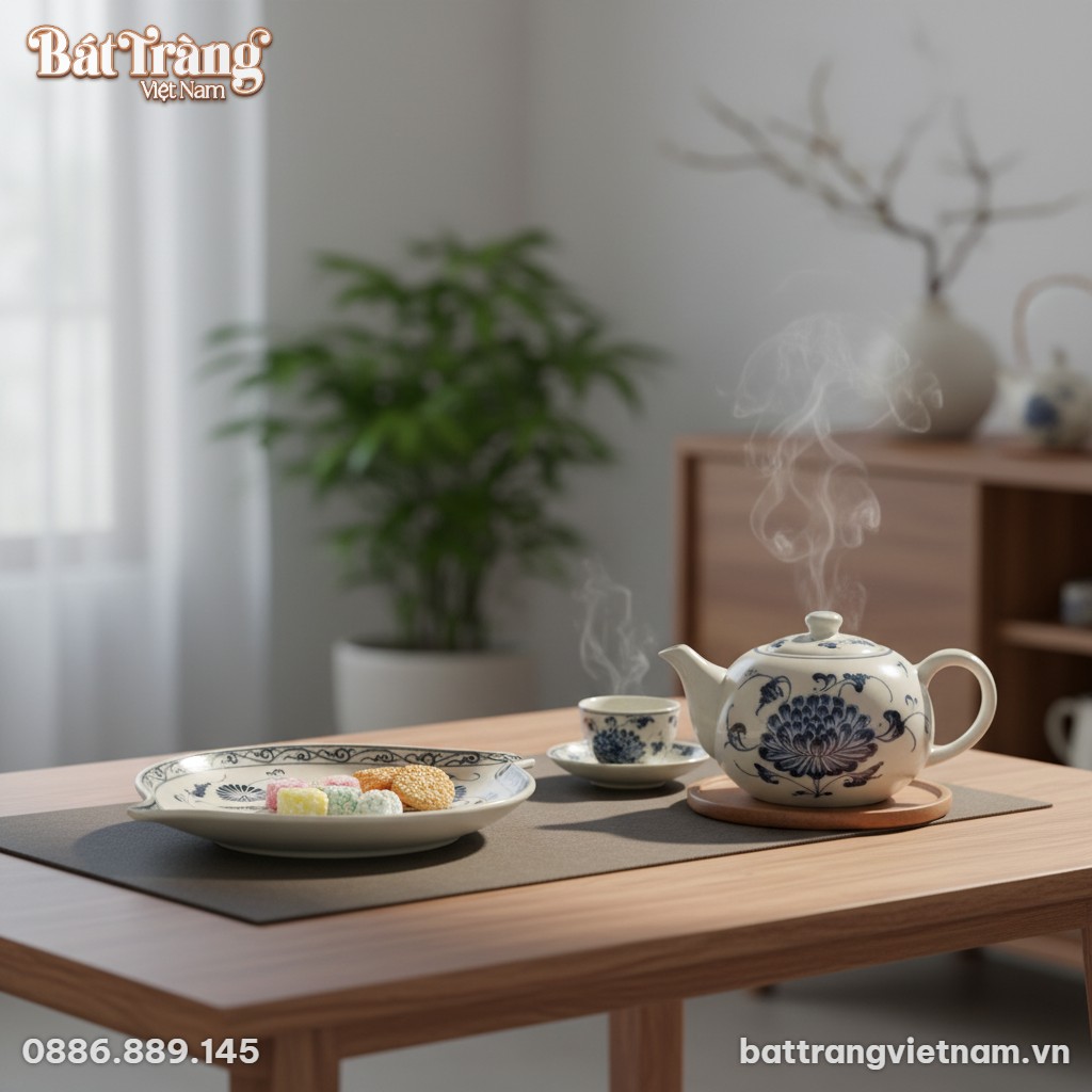 Đĩa lá gốm Bát Tràng họa tiết hoa cúc men lam, ...