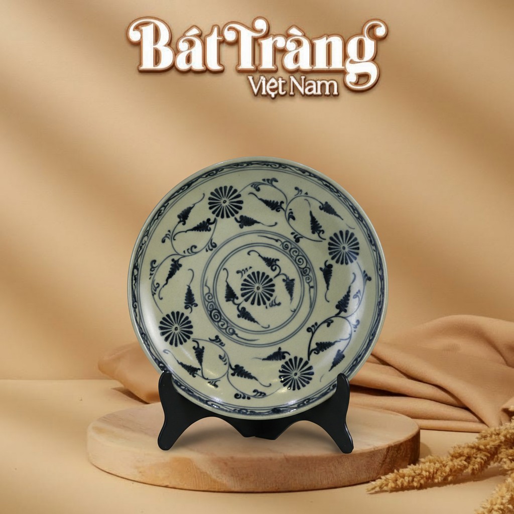 Đĩa tròn men rạn hoạ tiết hoa cúc đen BT-BD68