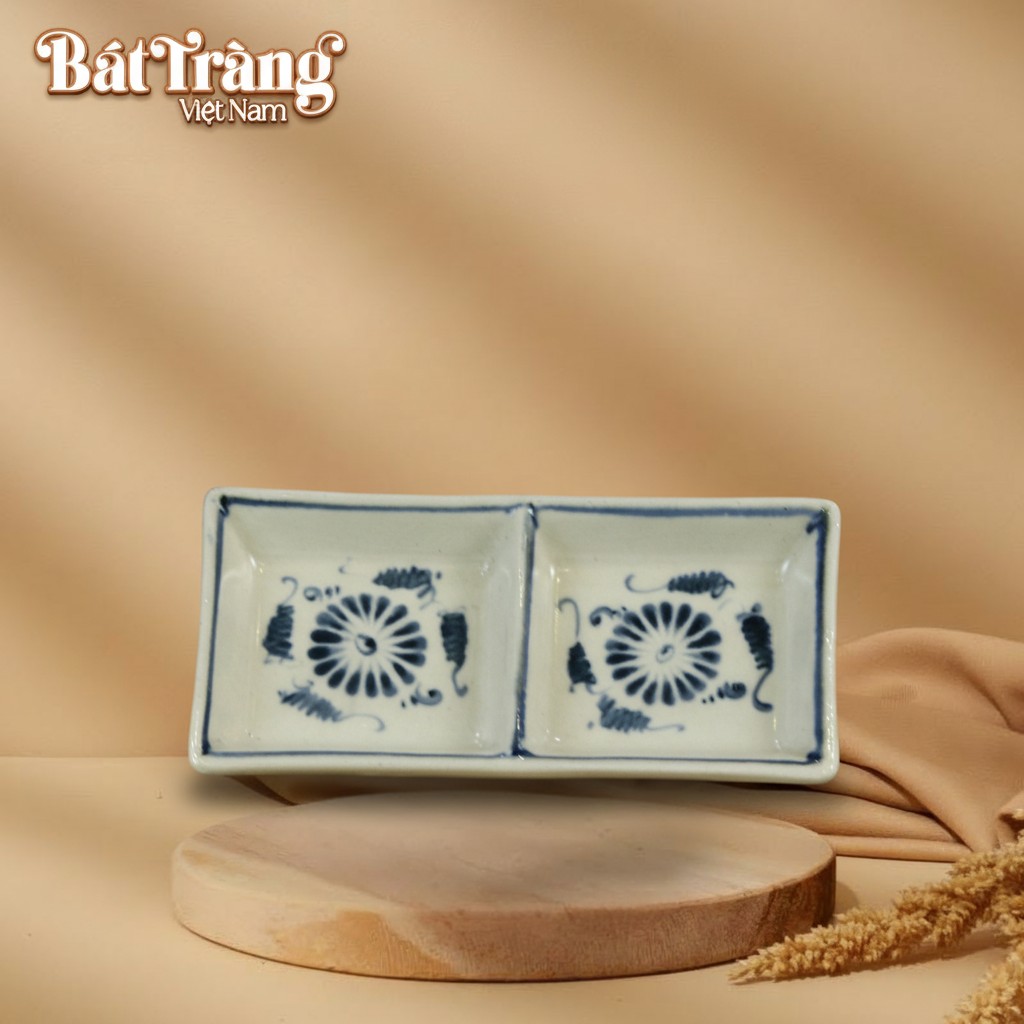 Khay gia vị chữ nhật 2 ngăn men rạn hoạ tiết hoa cúc đen BT-BD76
