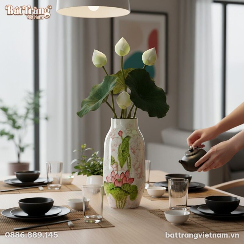 Cận cảnh lọ hoa sen Bát Tràng cao 30cm men bóng...