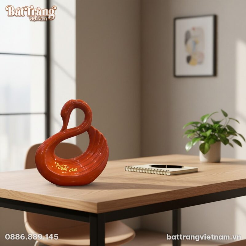 Lọ decor thiên nga màu cam với chữ 'Bình an' ti...