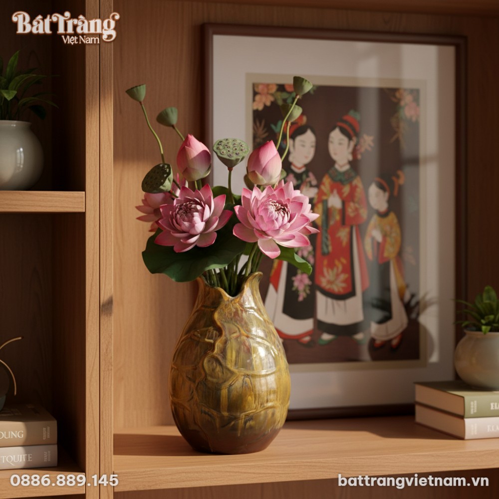 Cận cảnh lọ hoa b&uacute;p sen men n&acirc;u hỏa biến B&aacute;t Tr...