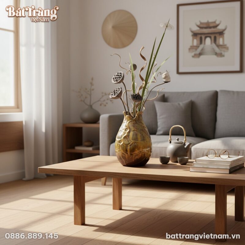 Lọ hoa búp sen men nâu hỏa biến Bát Tràng (cao ...