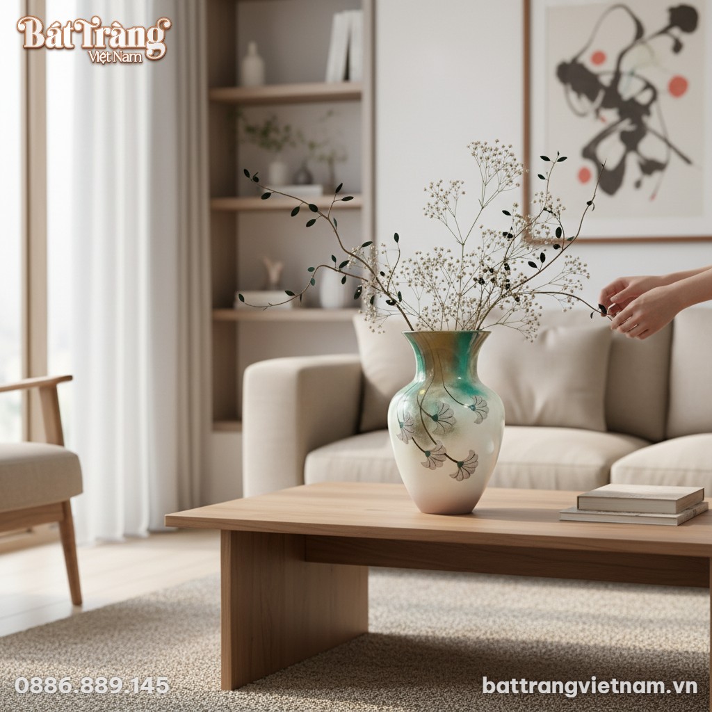 Lọ hoa gốm sứ B&aacute;t Tr&agrave;ng men chuyển sắc xanh ngọ...