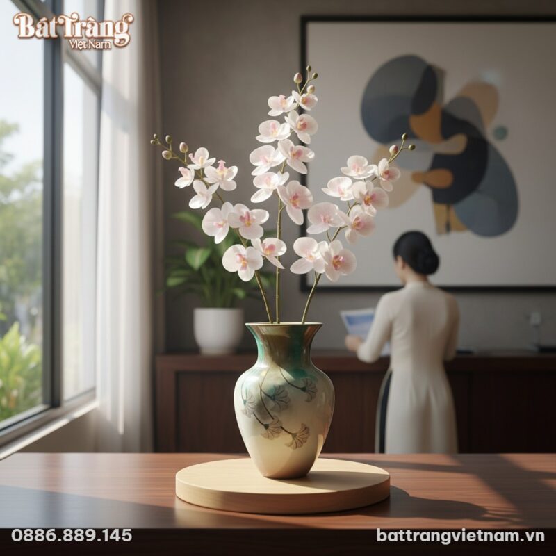 Lọ hoa gốm sứ Bát Tràng men chuyển màu xanh ngọ...