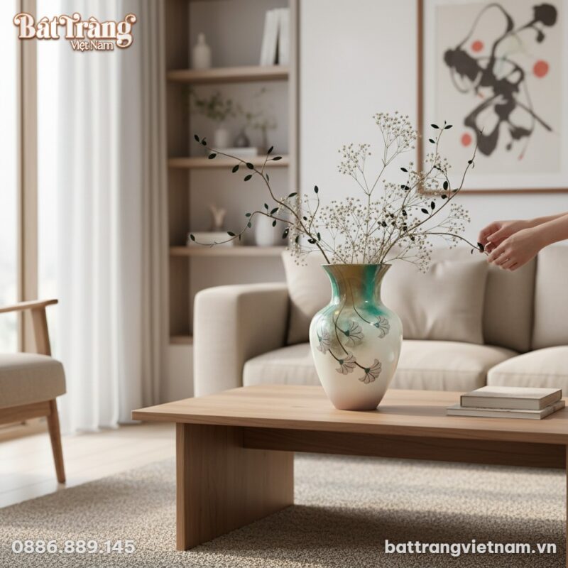 Lọ hoa gốm sứ Bát Tràng men chuyển sắc xanh ngọ...