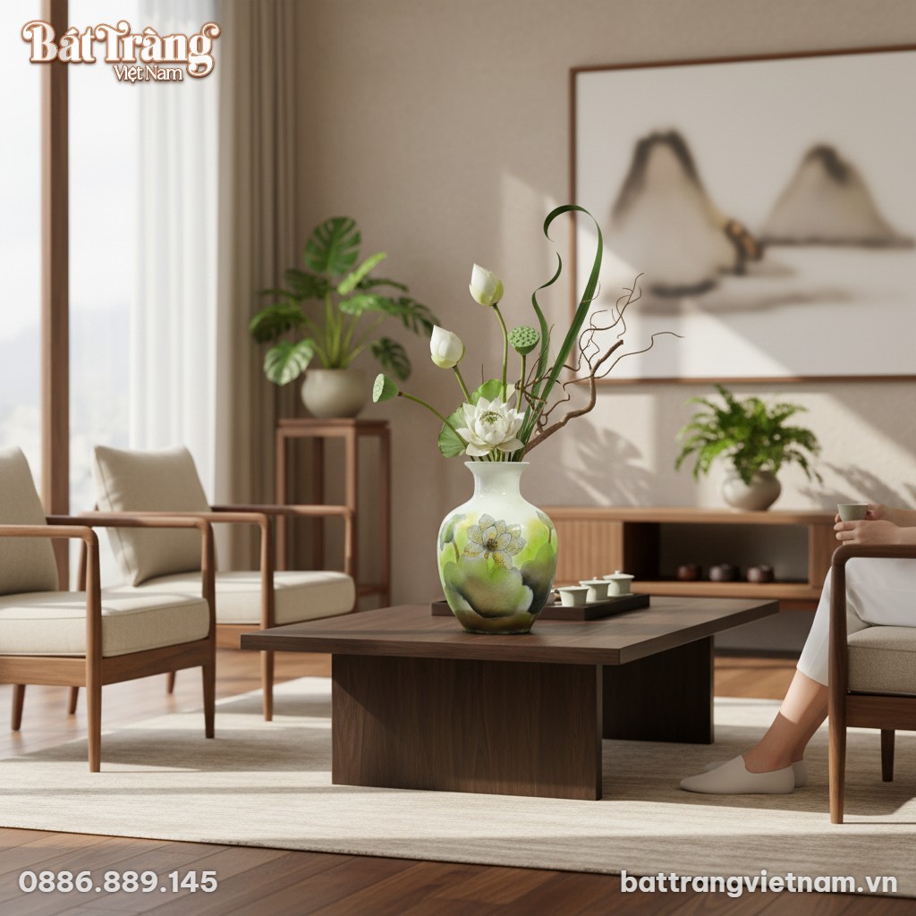 Một lọ hoa cổ loe vẽ hoa sen B&aacute;t Tr&agrave;ng cao 35cm...