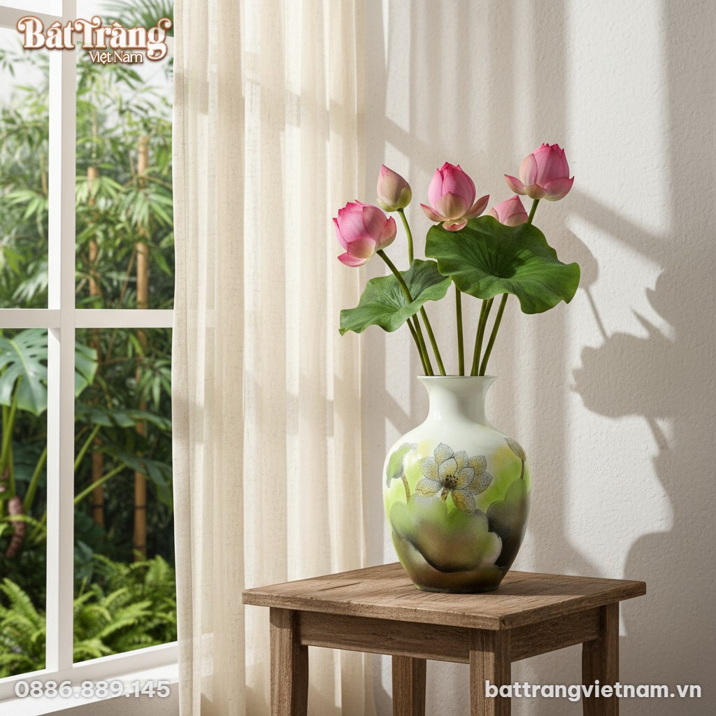 Một lọ hoa cổ loe vẽ hoa sen B&aacute;t Tr&agrave;ng cao 35cm...