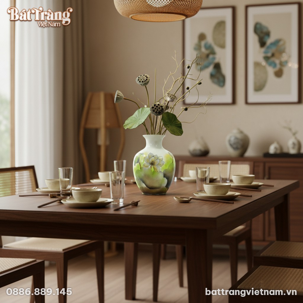 Lọ hoa cổ loe vẽ hoa sen B&aacute;t Tr&agrave;ng cao 35cm l&agrave;m...