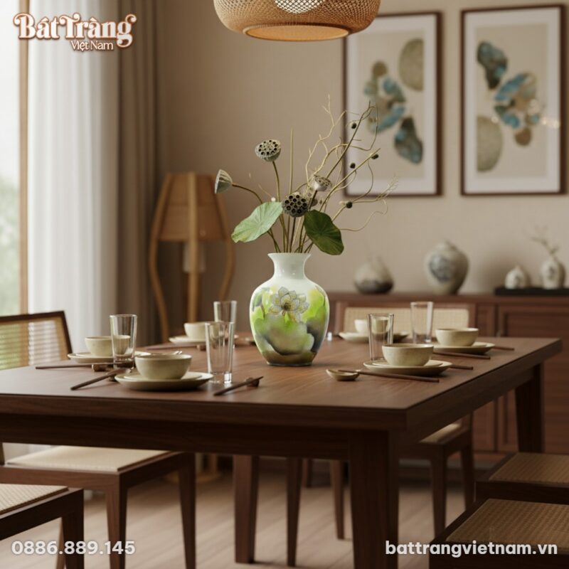 Lọ hoa cổ loe vẽ hoa sen Bát Tràng cao 35cm làm...