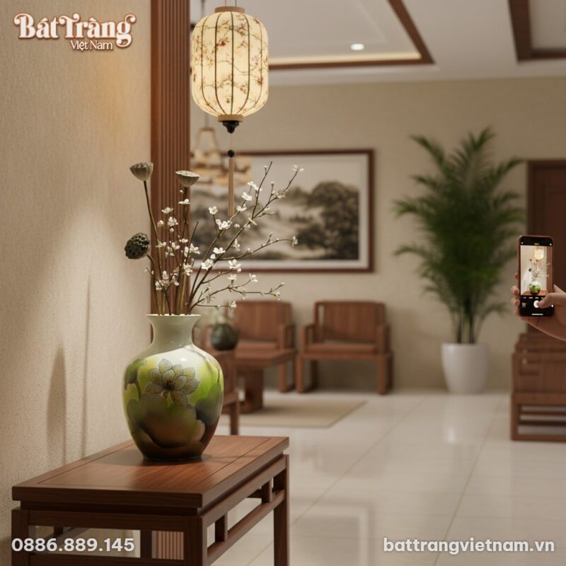 Lọ hoa cổ loe vẽ hoa sen Bát Tràng cao 35cm đượ...