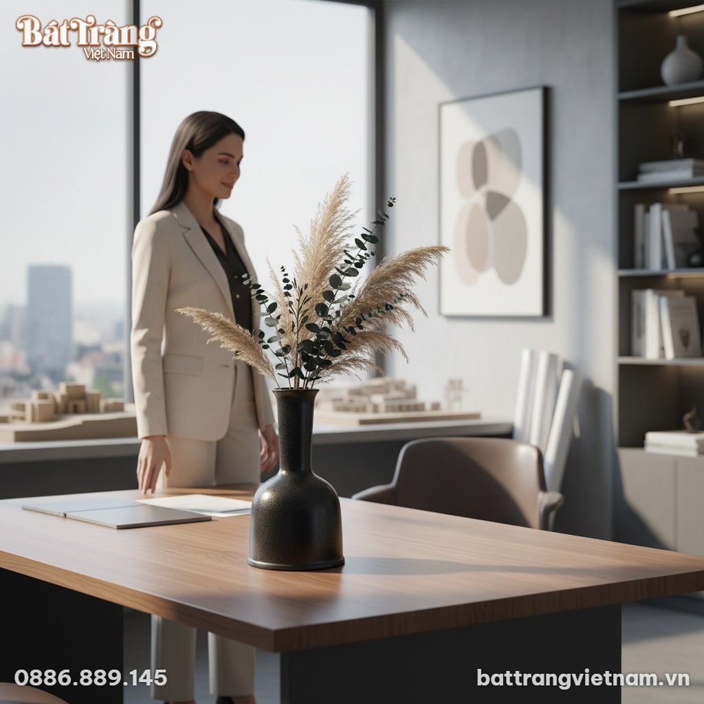 Lọ hoa gốm sứ men đen sần B&aacute;t Tr&agrave;ng (cao 40cm) ...