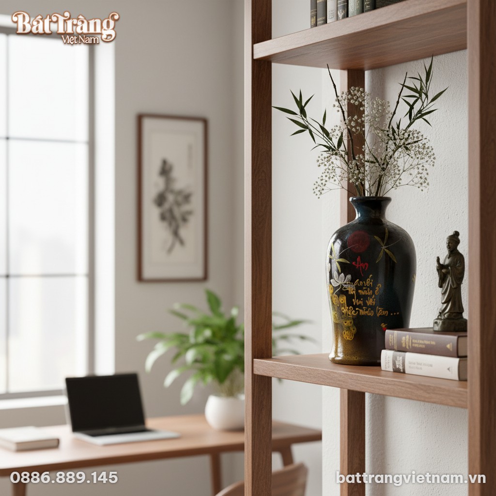 Cận cảnh lọ hoa gốm sứ Bát Tràng dáng áo dài me...