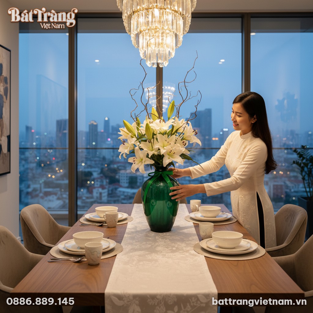 Lọ hoa men lục bảo cao 30cm đặt trang trọng tr&ecirc;...