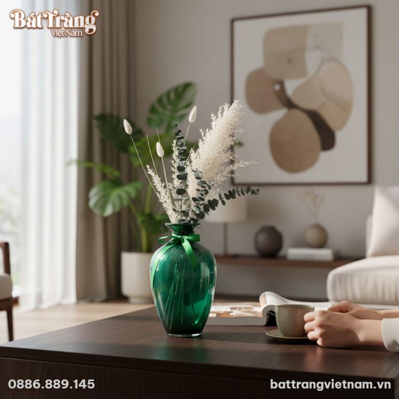 Một lọ hoa dáng chai nhỏ men lục bảo BT-LHS09 c...