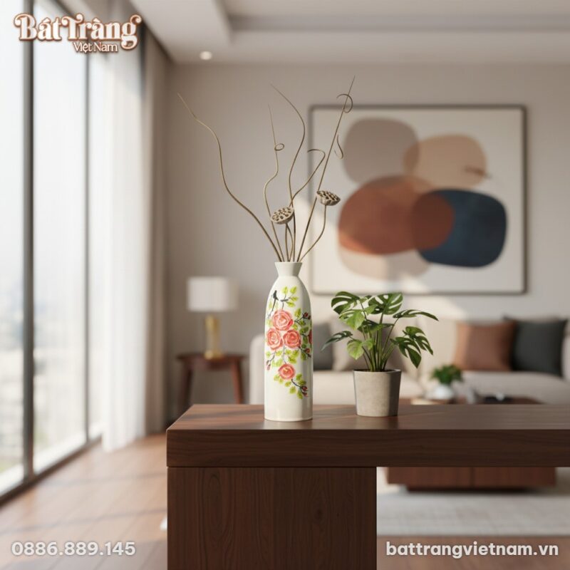Lọ hoa gốm sứ Bát Tràng họa tiết hoa hồng cao 4...