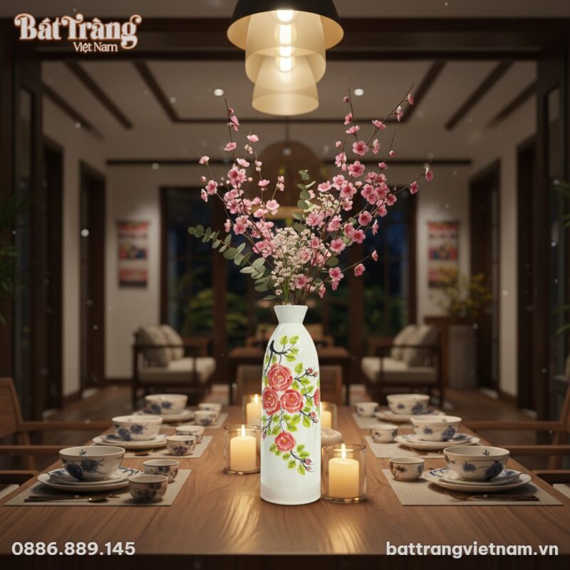 Lọ hoa gốm sứ Bát Tràng hoa hồng BT-LHS08 cao 4...