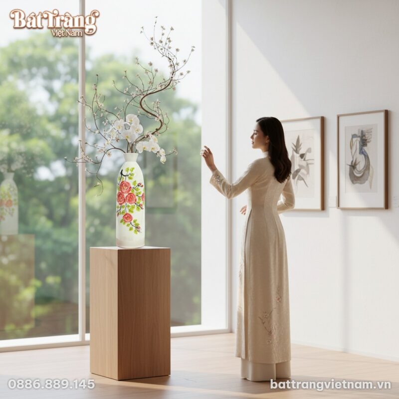 Lọ hoa gốm sứ Bát Tràng hoa hồng BT-LHS08 cao 4...