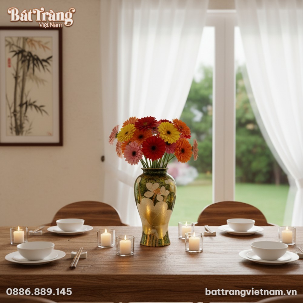 Lọ hoa gốm sứ B&aacute;t Tr&agrave;ng cao 35cm l&agrave;m điểm nhấn ...