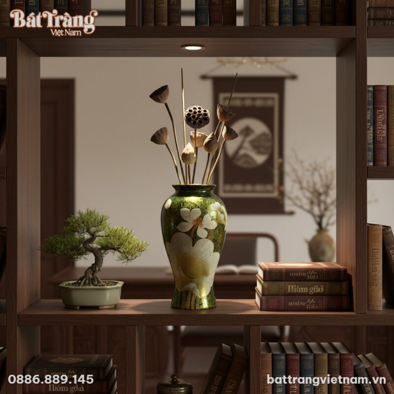 Trên kệ sách gỗ tối màu trong không gian làm vi...