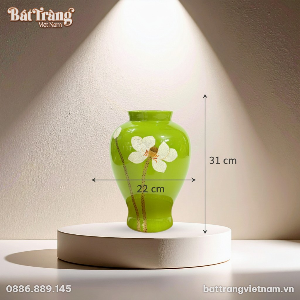 K&iacute;ch thước Lọ hoa d&aacute;ng cho&eacute; xanh ngọc vẽ hoa sen g BT-LHS10